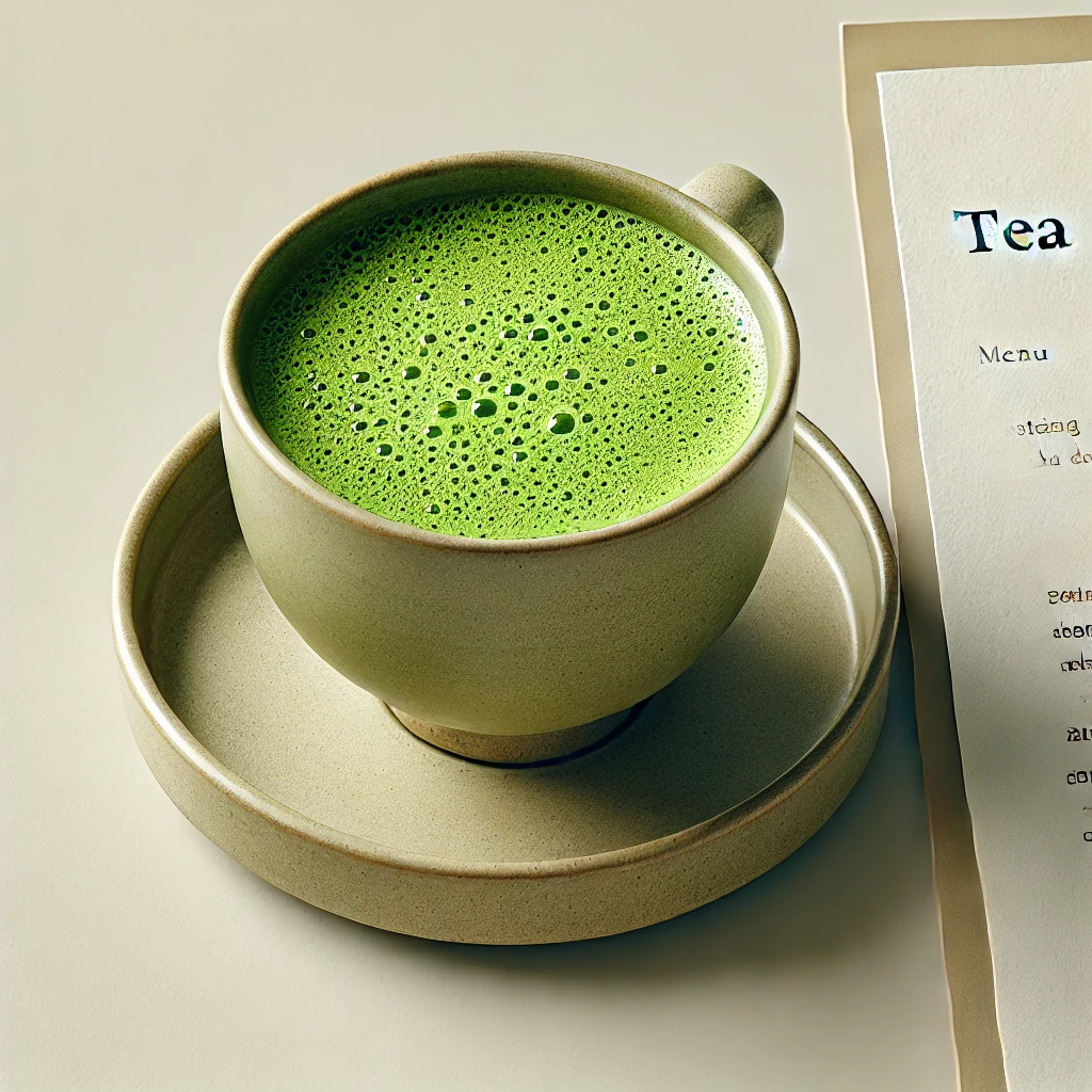 Matcha tea cup Matcha tea cup placed next to a tea menu. The cup is made of ceramic, with a frothy, bright green matcha tea inside.