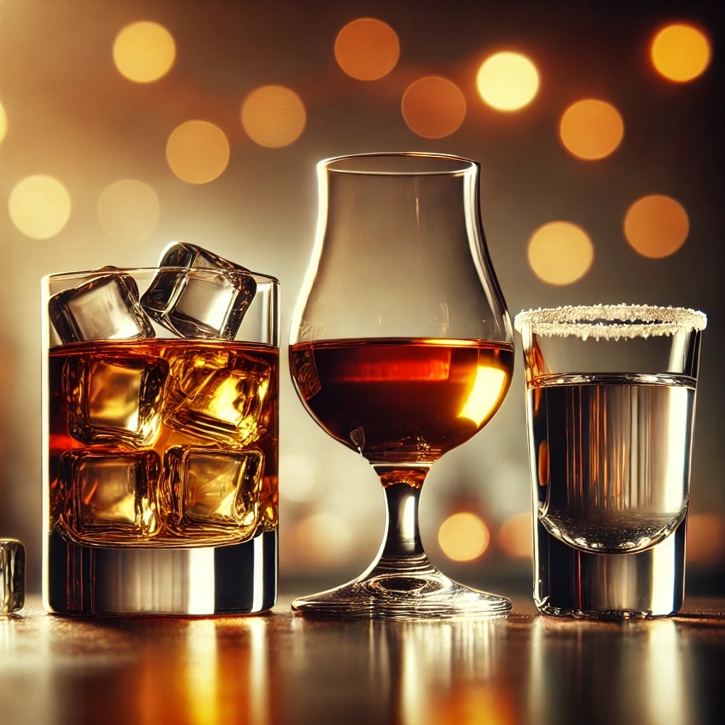 destillates different spirits, placed side by side. The first is a whiskey glass, short and wide, with a golden-brown liquid and a large gin tonic, tequila salty