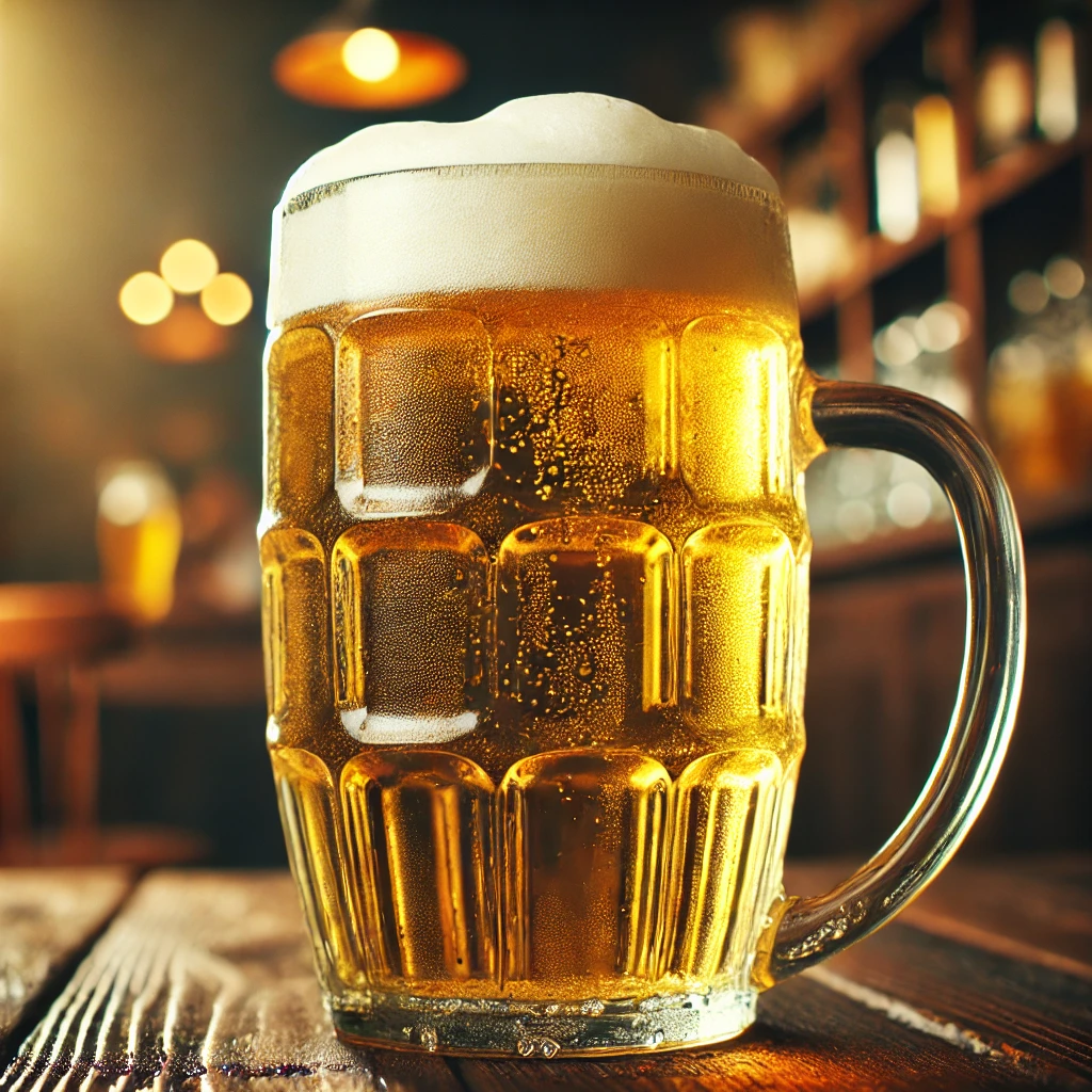 draft beer A large glass mug of draft beer, filled to the top with frothy golden beer. The glass is transparent with condensation on the outside