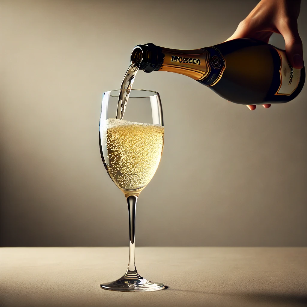 prosecco A glass of prosecco is poured from a bottle, captured in a refined and elegant style. The prosecco is sparkling, with bubbles rising in the tall